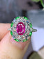 14K GOLD 1 CT NATURAL RUBY & SAPPHIRE & TSAVORITE & DIAMOND RING