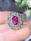 14K GOLD 1 CT NATURAL RUBY & SAPPHIRE & TSAVORITE & DIAMOND RING