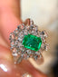 14K GOLD 1.12 CT VIVID GREEN NATURAL EMERALD & SAPPHIRE & DIAMOND RING